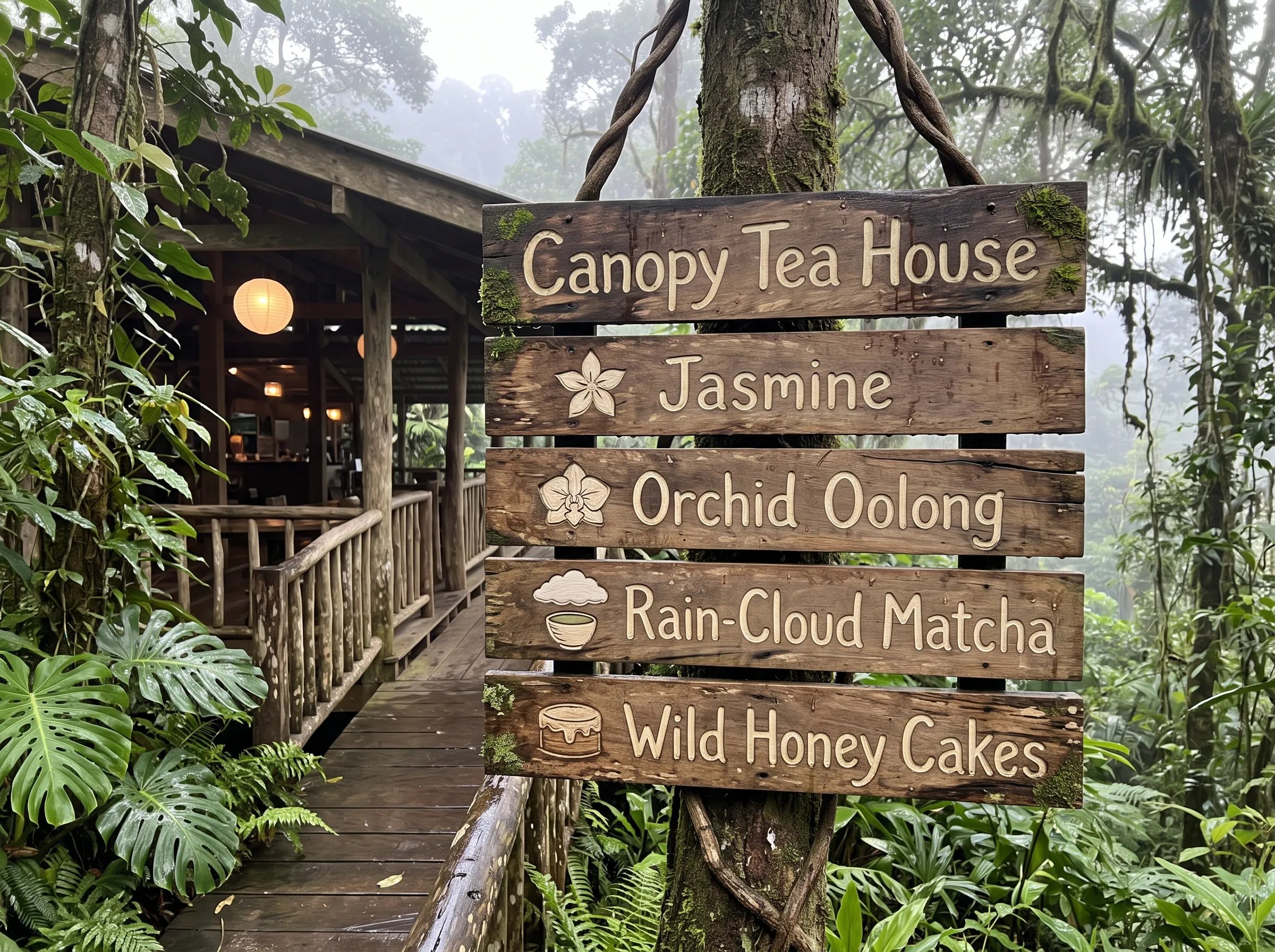 Canopy Tea House menu: wooden signs for Jasmine, Orchid Oolong, Rain-Cloud Matcha, and Wild Honey Cakes on a rainforest tree