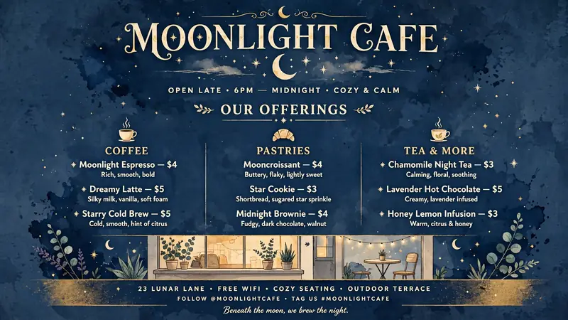 Moonlight Caf&eacute; menu: coffee, pastries, and tea beneath a crescent moon