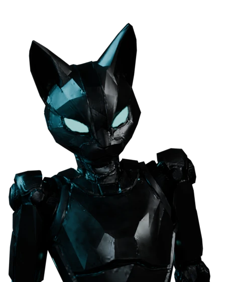 Nyxia, the robotic cat, tilting her head curiously with luminous cyan eyes